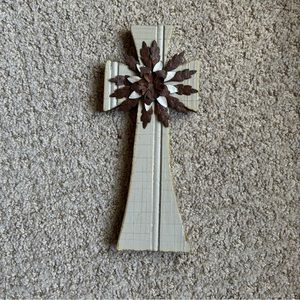 Vintage Kathleen Wedemeyer Barn Wood Cross with Metal flower decoration
